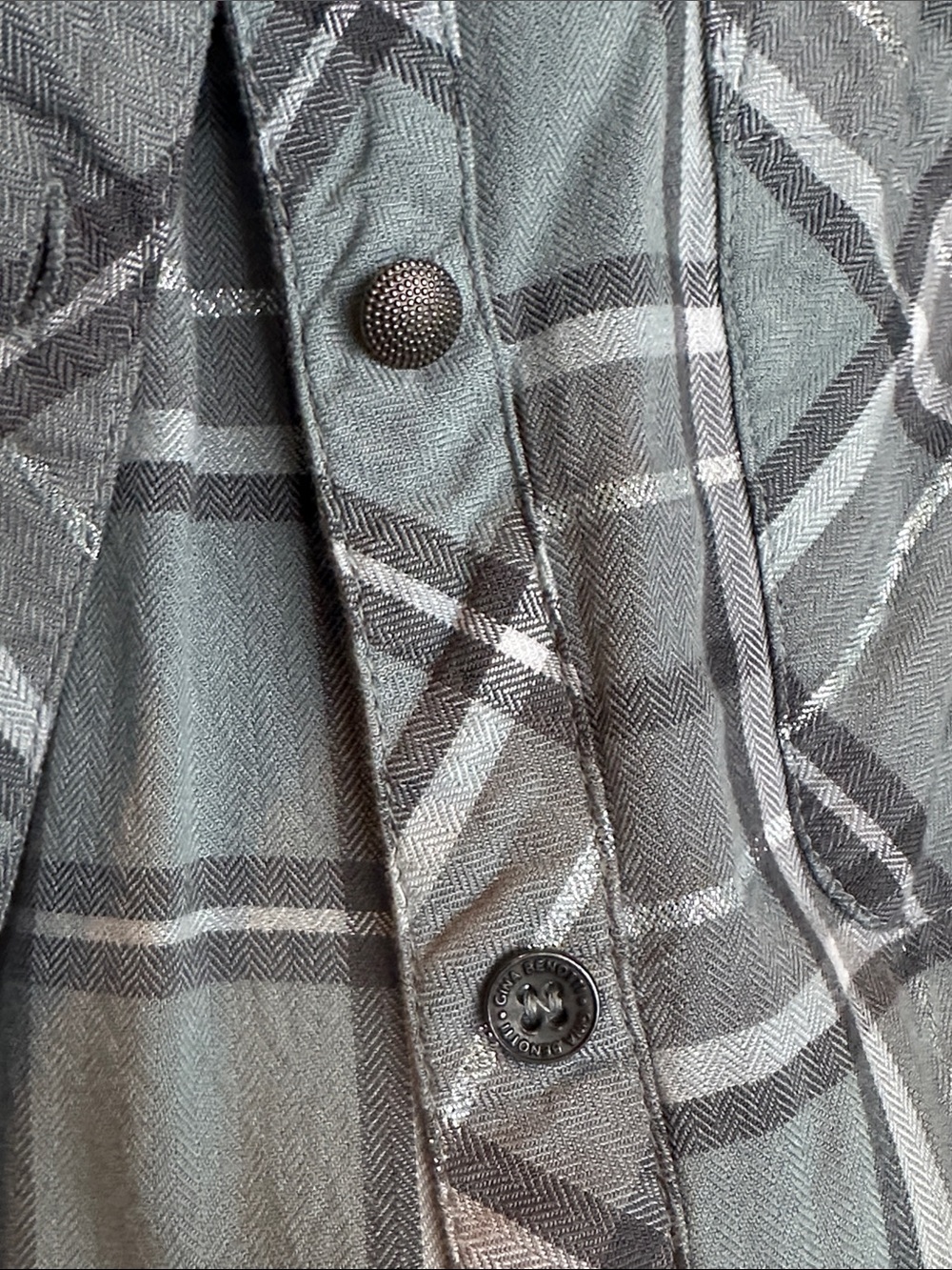Women's Soft Grey/Blue Plaid Button-Down Shirt - Picture 7 of 7